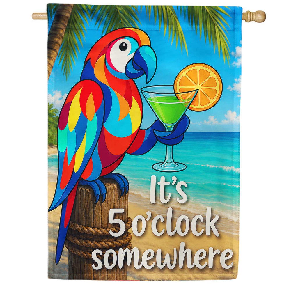 America Forever It's 5 O'Clock Somewhere Tropical Parrot House Flag