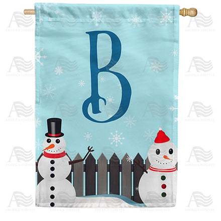Let It Snow Backyard Snowmen Monogram House Flag