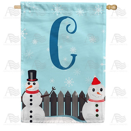 Let It Snow Backyard Snowmen Monogram House Flag