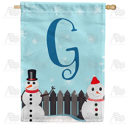 Let It Snow Backyard Snowmen Monogram House Flag