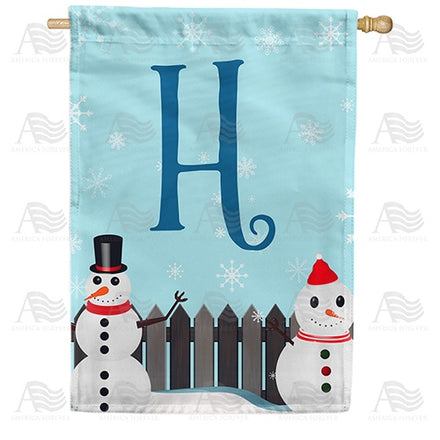 Let It Snow Backyard Snowmen Monogram House Flag