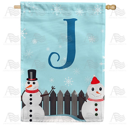 Let It Snow Backyard Snowmen Monogram House Flag