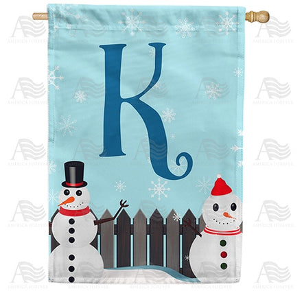 Let It Snow Backyard Snowmen Monogram House Flag