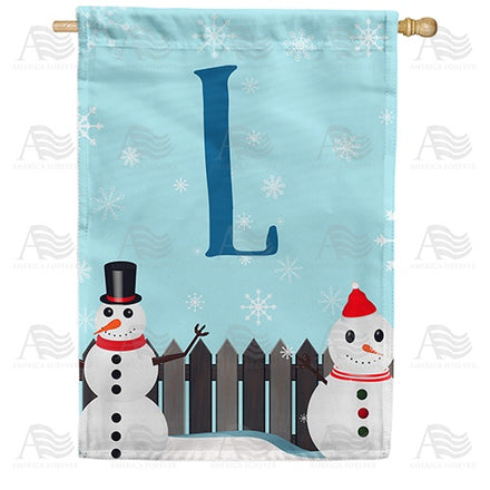 Let It Snow Backyard Snowmen Monogram House Flag