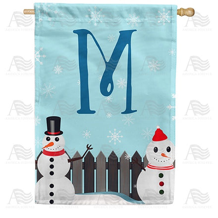 Let It Snow Backyard Snowmen Monogram House Flag