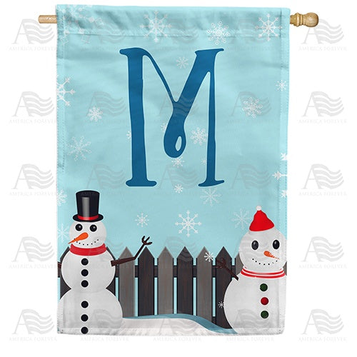 Let It Snow Backyard Snowmen Monogram House Flag