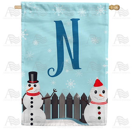 Let It Snow Backyard Snowmen Monogram House Flag