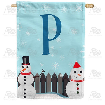 Let It Snow Backyard Snowmen Monogram House Flag