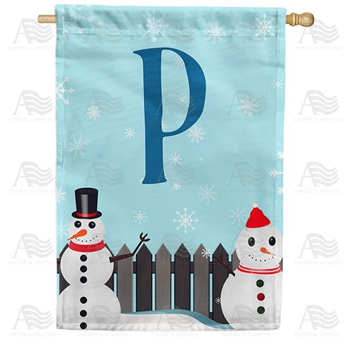 Let It Snow Backyard Snowmen Monogram House Flag
