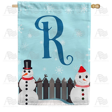 Let It Snow Backyard Snowmen Monogram House Flag
