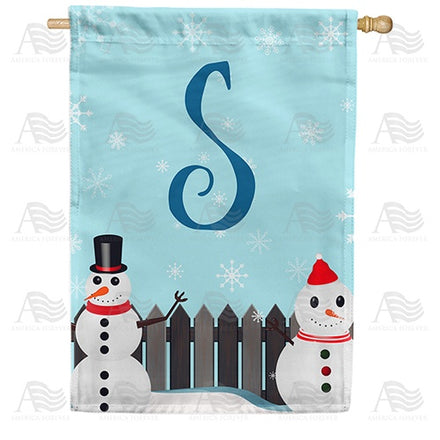 Let It Snow Backyard Snowmen Monogram House Flag