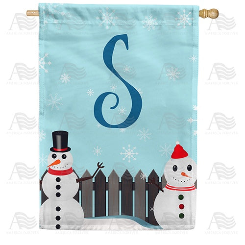 Let It Snow Backyard Snowmen Monogram House Flag