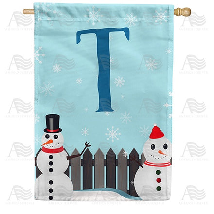 Let It Snow Backyard Snowmen Monogram House Flag