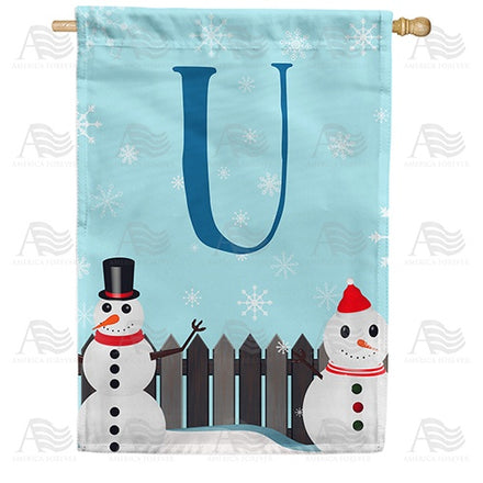 Let It Snow Backyard Snowmen Monogram House Flag