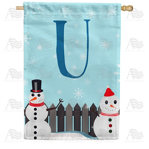 Let It Snow Backyard Snowmen Monogram House Flag