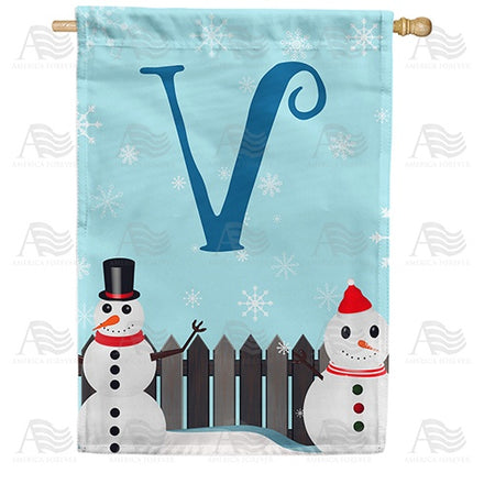 Let It Snow Backyard Snowmen Monogram House Flag