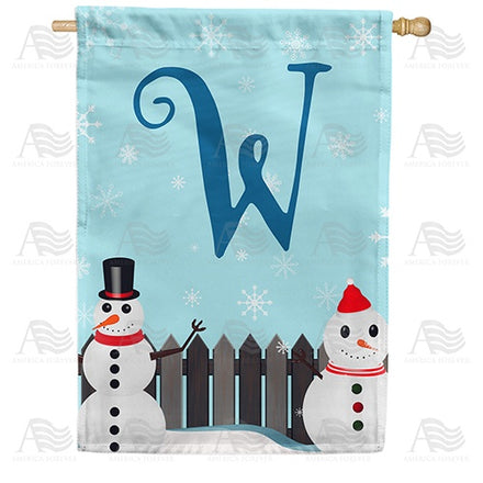 Let It Snow Backyard Snowmen Monogram House Flag