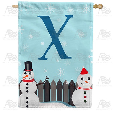 Let It Snow Backyard Snowmen Monogram House Flag