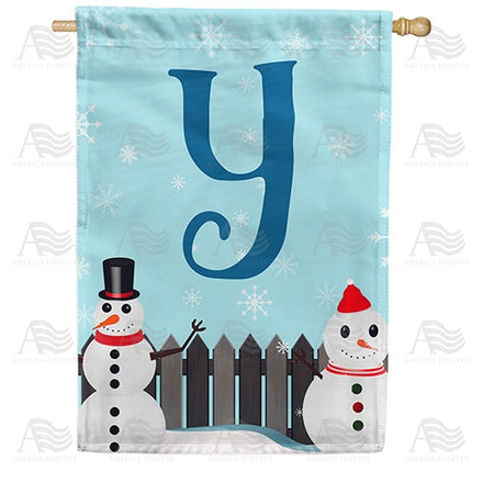 Let It Snow Backyard Snowmen Monogram House Flag