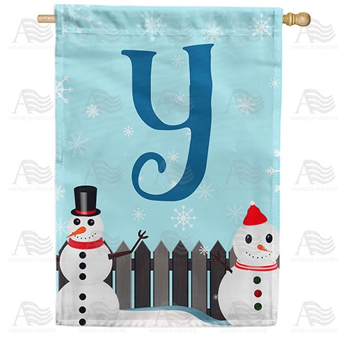 Let It Snow Backyard Snowmen Monogram House Flag