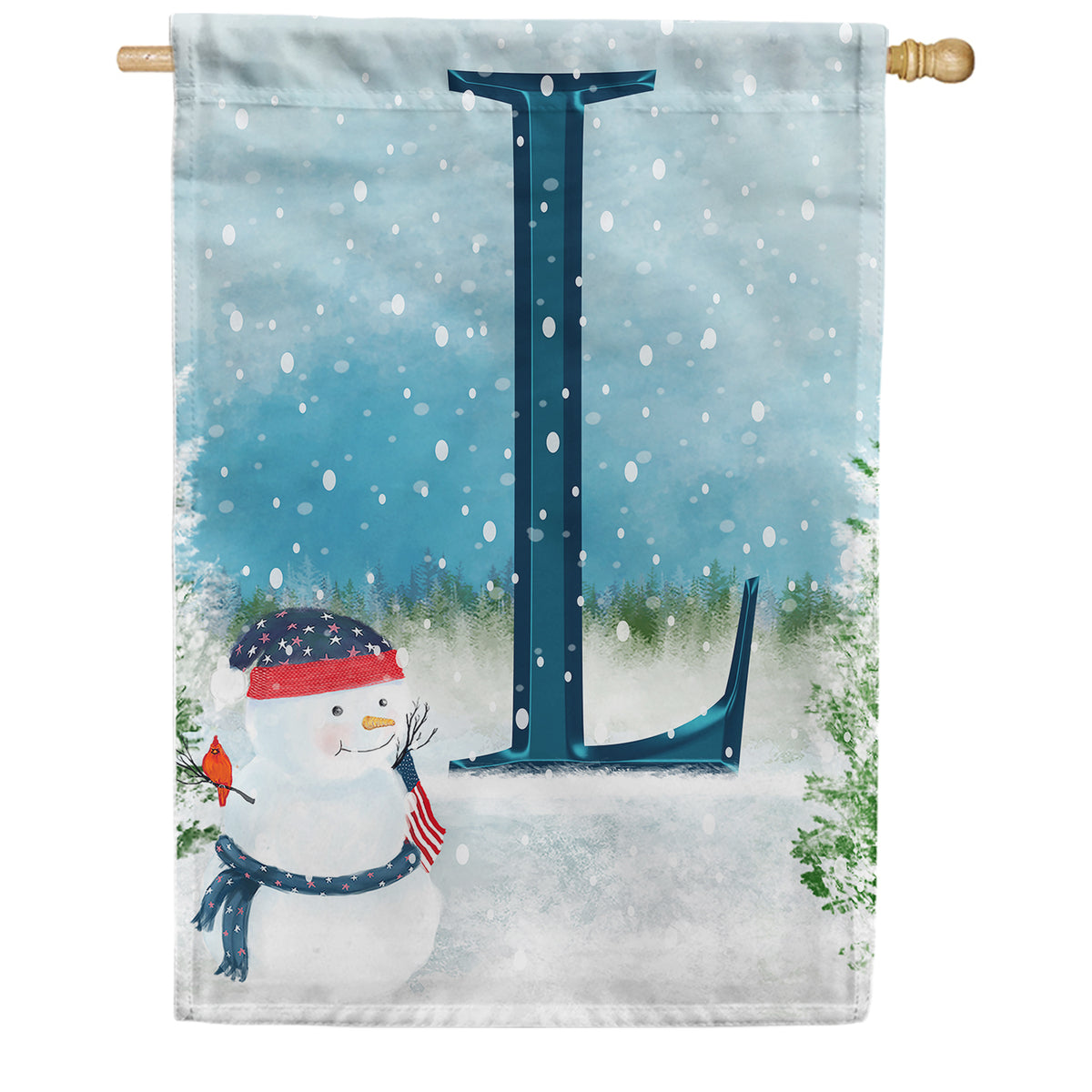 America Forever Let It Snow Watercolor Monogram House Flag