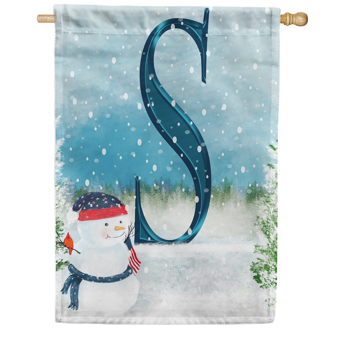 America Forever Let It Snow Watercolor Monogram House Flag