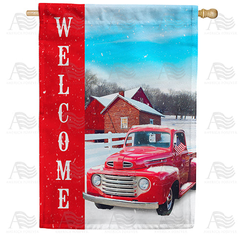 America Forever Red Truck Winter Welcome House Flag