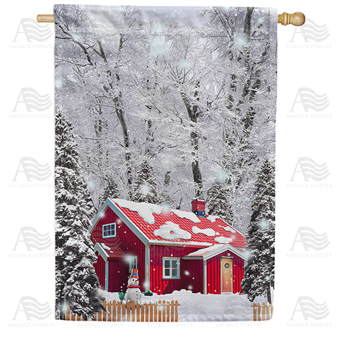 America Forever Winter At Red Cabin House Flag