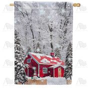 America Forever Winter At Red Cabin House Flag
