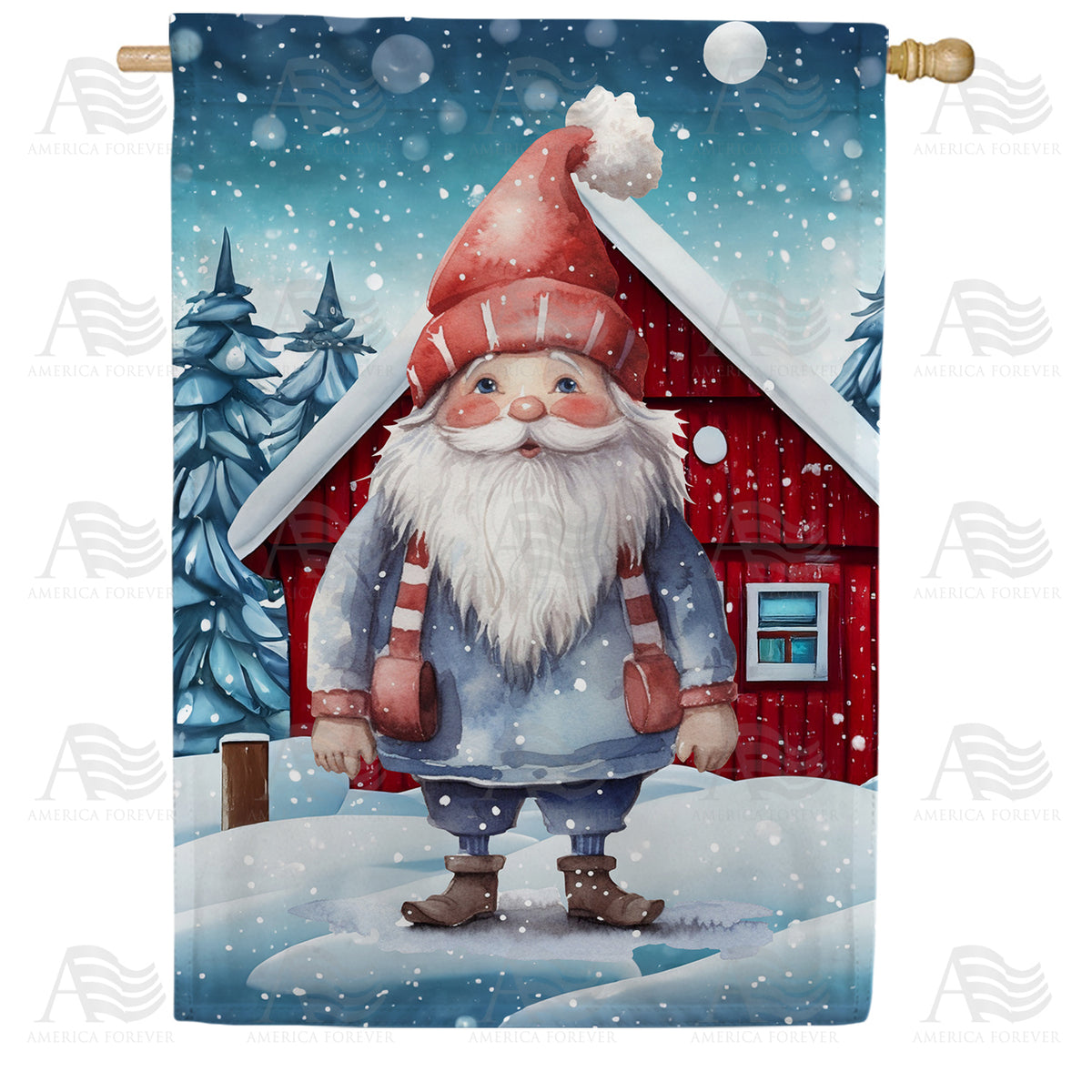 America Forever Gnome Winter Chalet House Flag