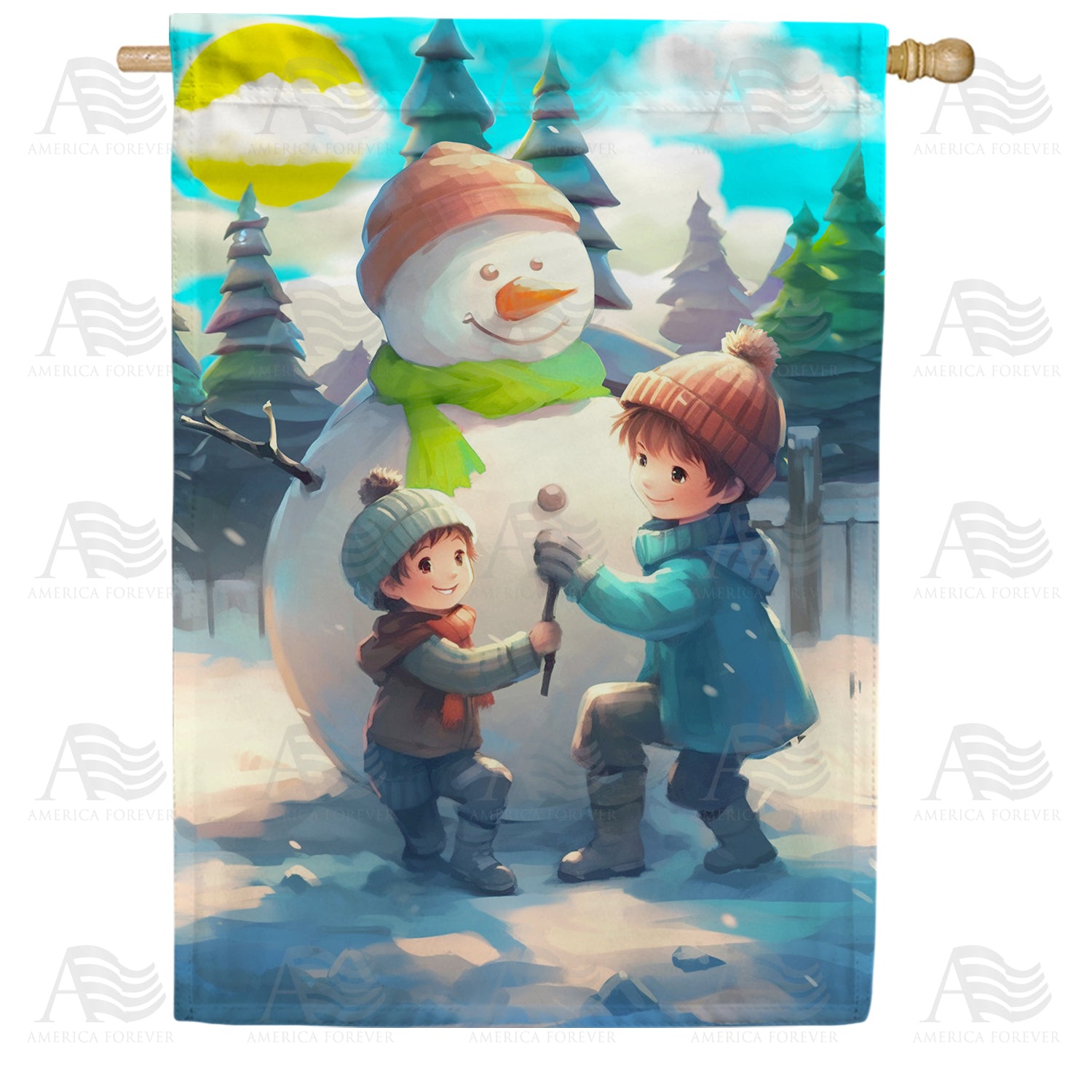 America Forever Building A Snowman House Flag