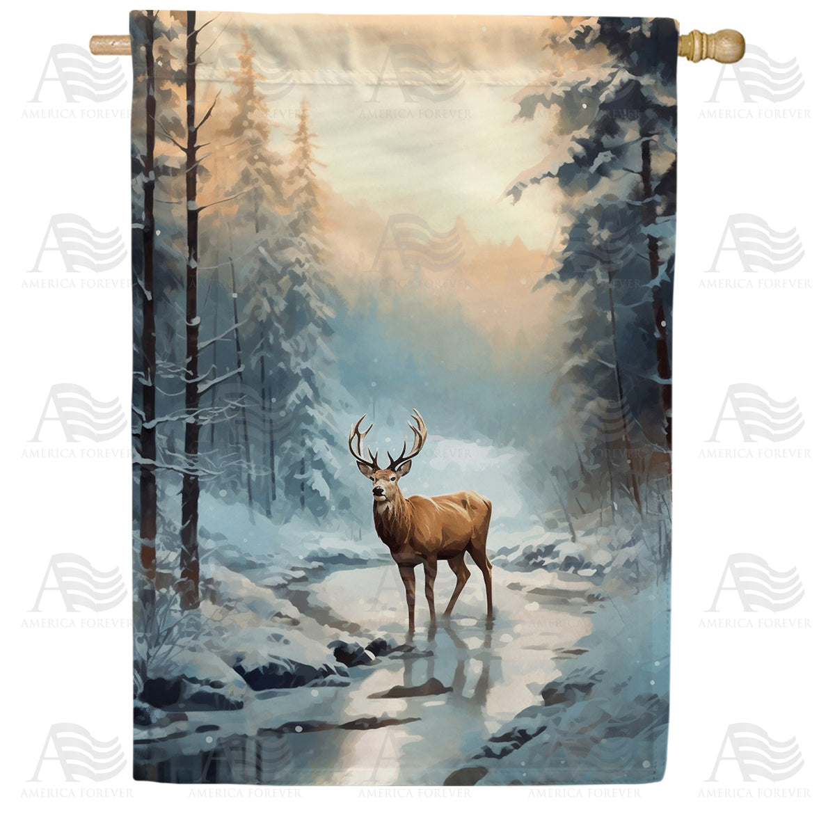 America Forever Deer In Winter Creek House Flag