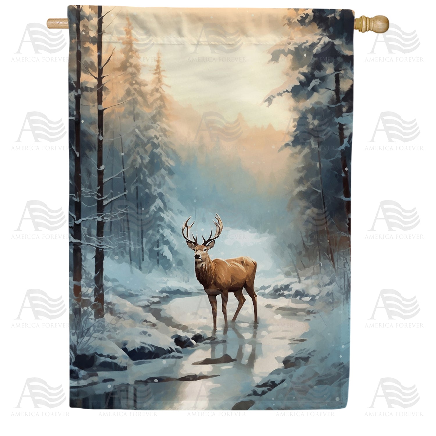 America Forever Deer In Winter Creek House Flag