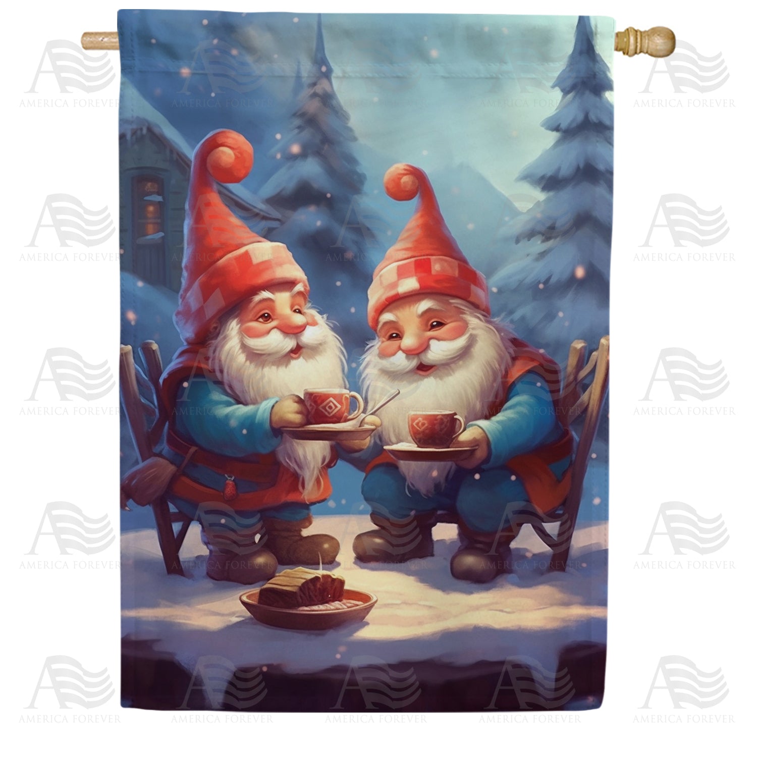 America Forever Gnome Winter Coffee Break House Flag