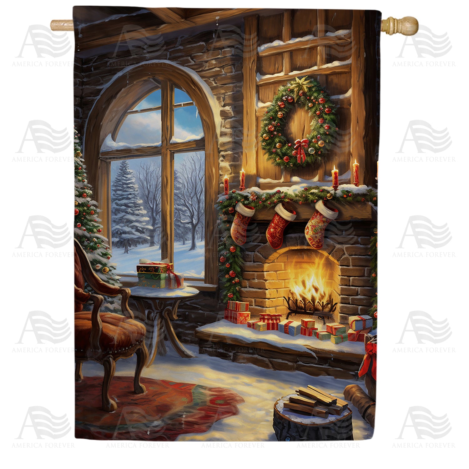 America Forever Winter Snow Lodge House Flag