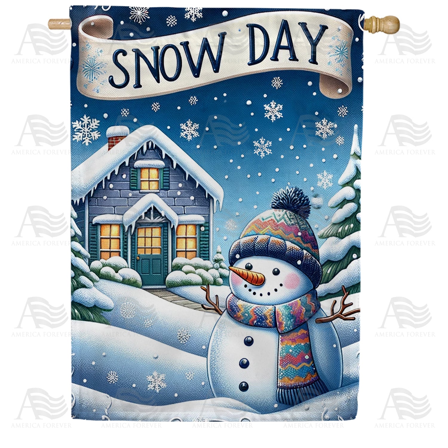 America Forever Cozy Snow Day Greetings House Flag