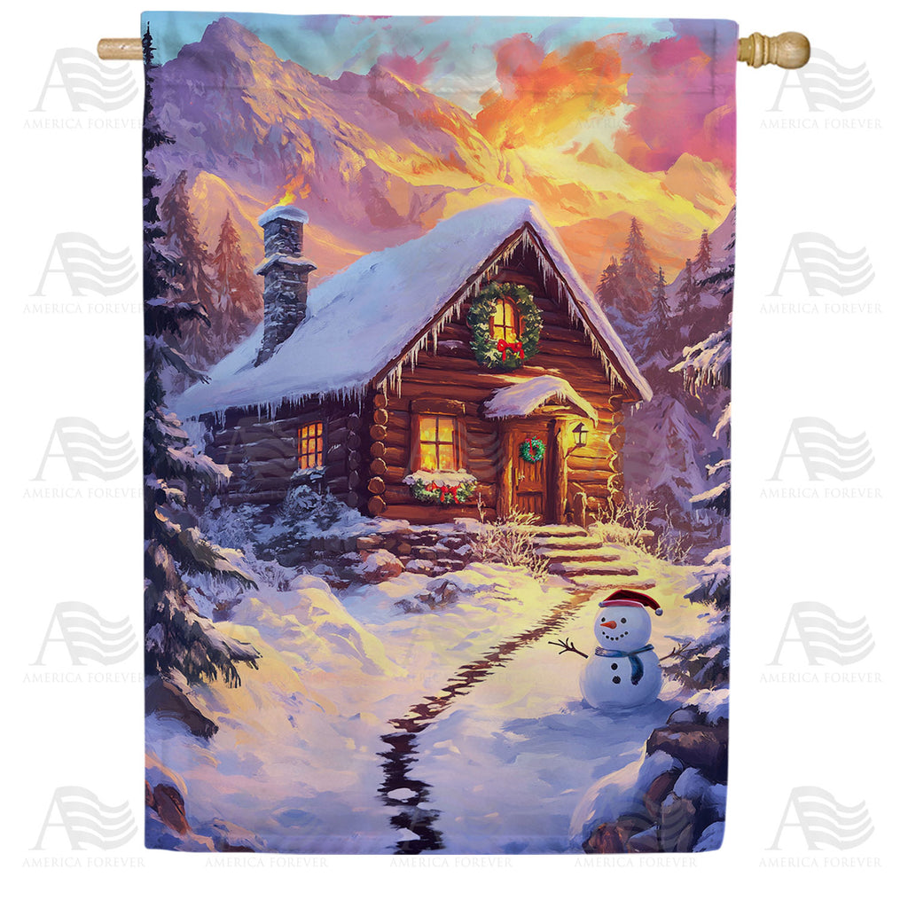 Winter Cabin with Snowman Double Sided 28 x 40 Inch House Flag