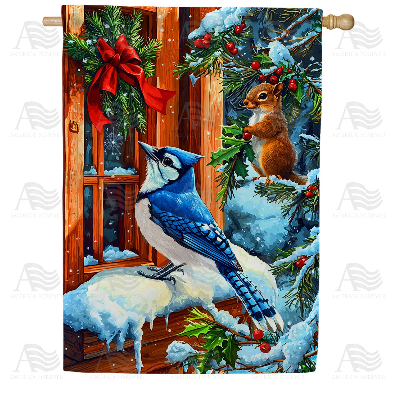 America Forever Winter Blue Jay and Squirrel House Flag