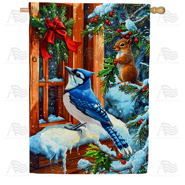 America Forever Winter Blue Jay and Squirrel House Flag