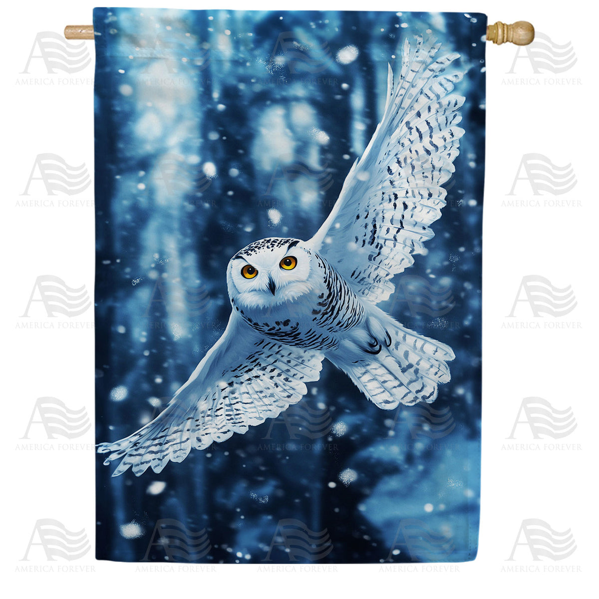 America Forever Winter Snowy Owl in Flight House Flag