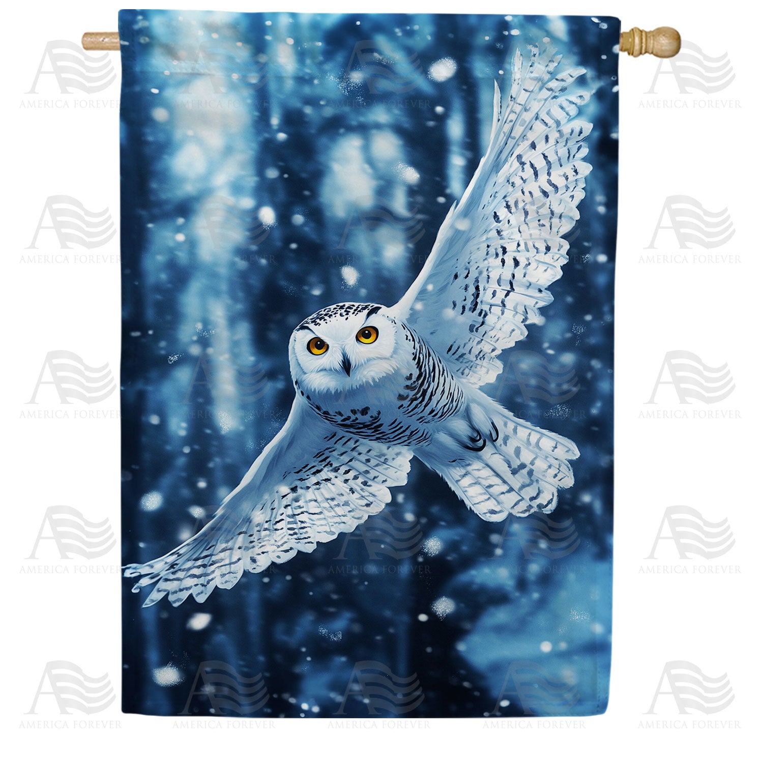 America Forever Winter Snowy Owl in Flight House Flag