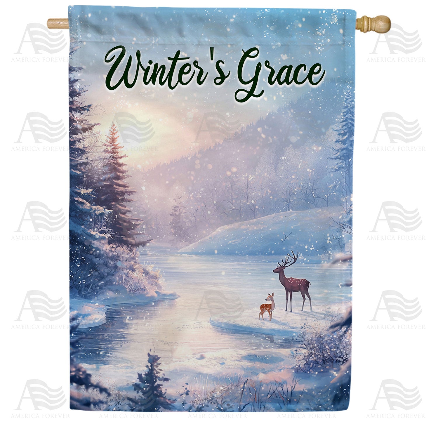 America Forever Winter's Grace Deer Family House Flag