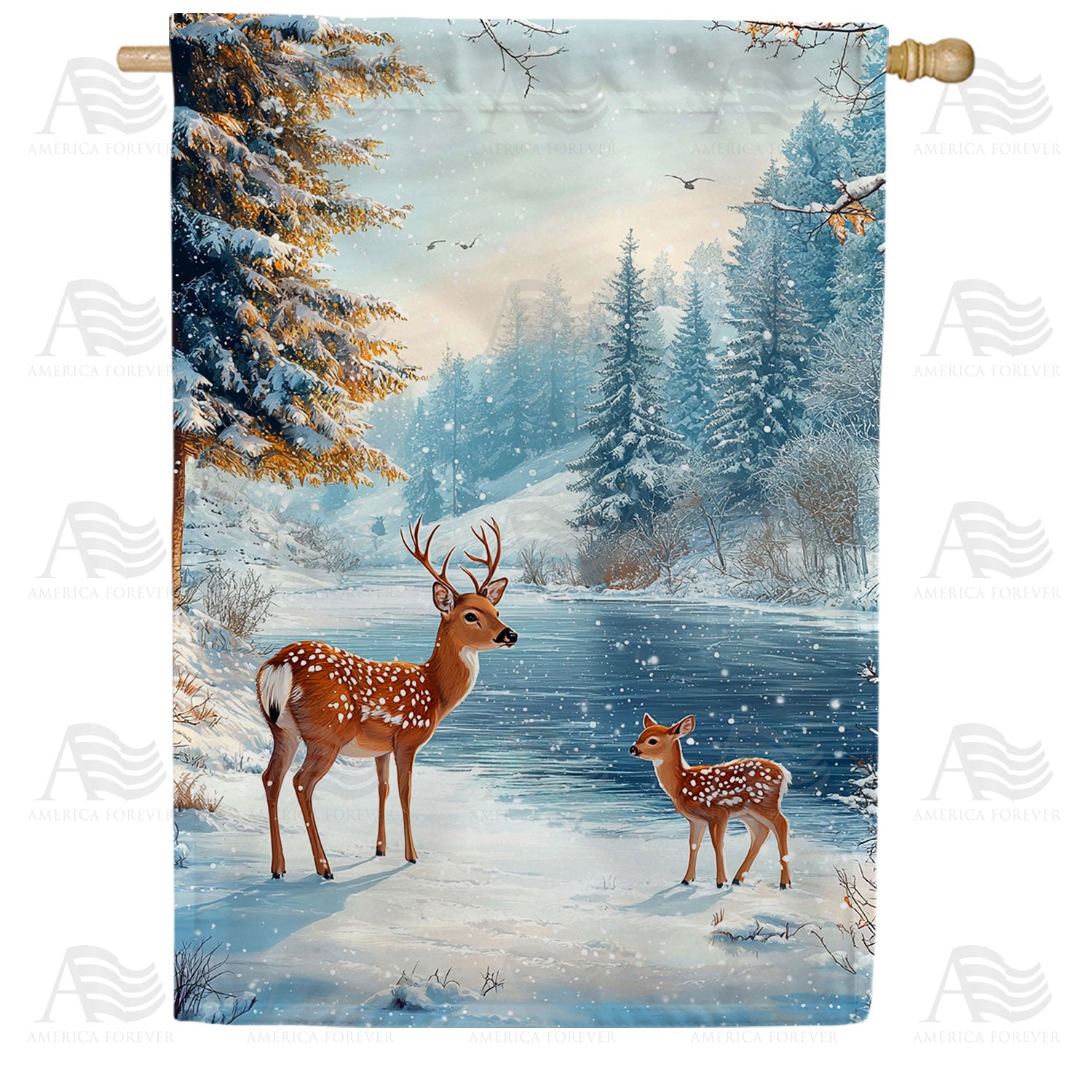 America Forever Winter Woodland Deer House Flag