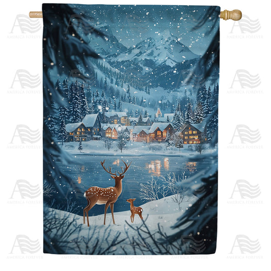 America Forever Winter Mountain Village House Flag