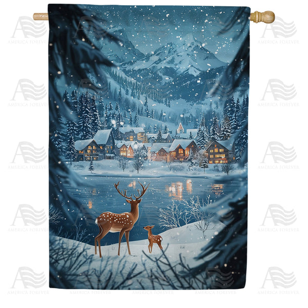 Winter Mountain Village Double Sided House Flag 28 x 40