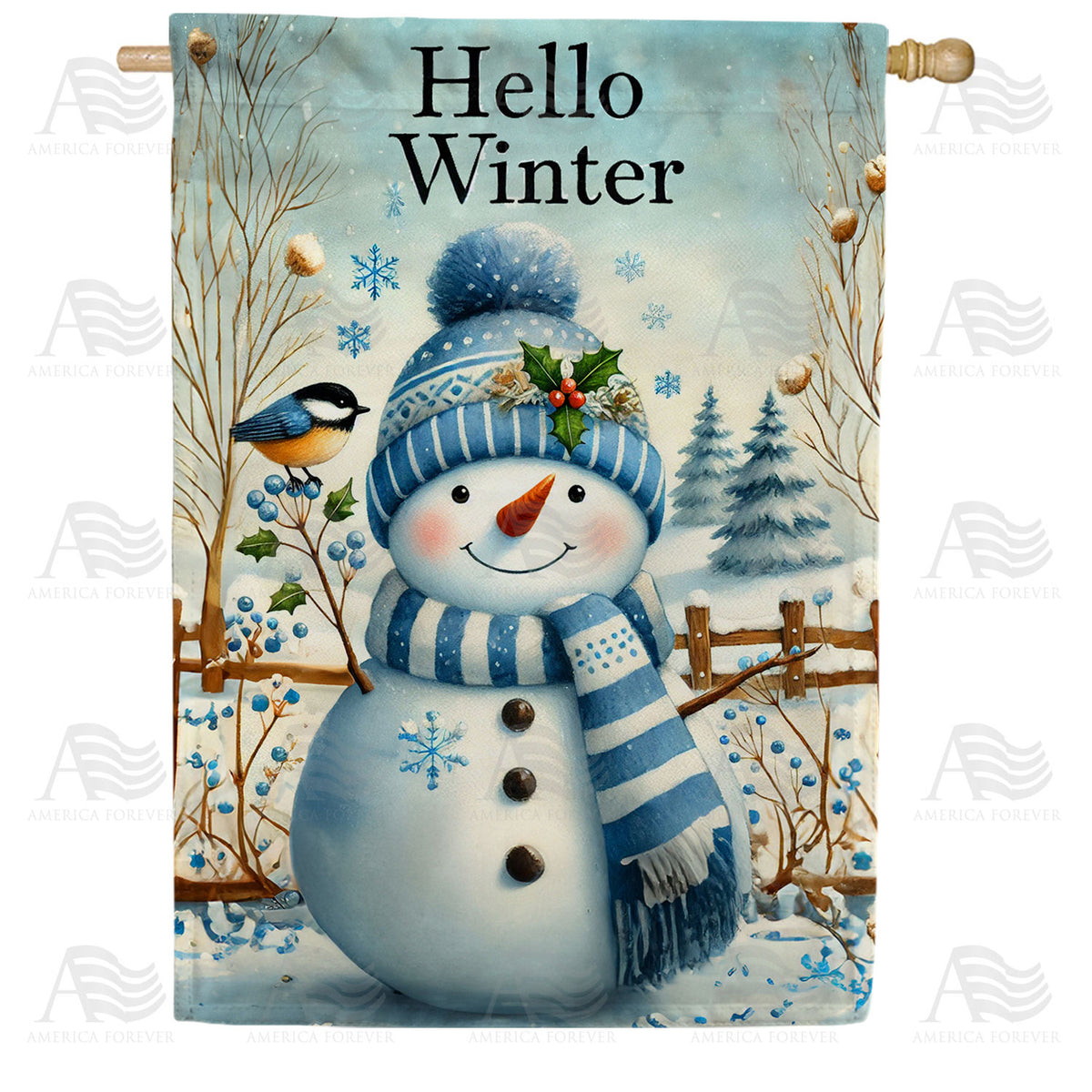 America Forever Hello Winter Snowman House Flag