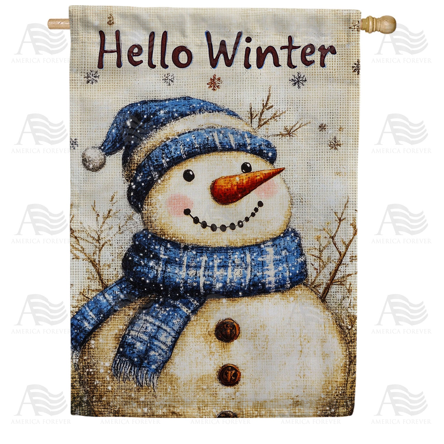 America Forever Rustic Hello Winter Snowman House Flag