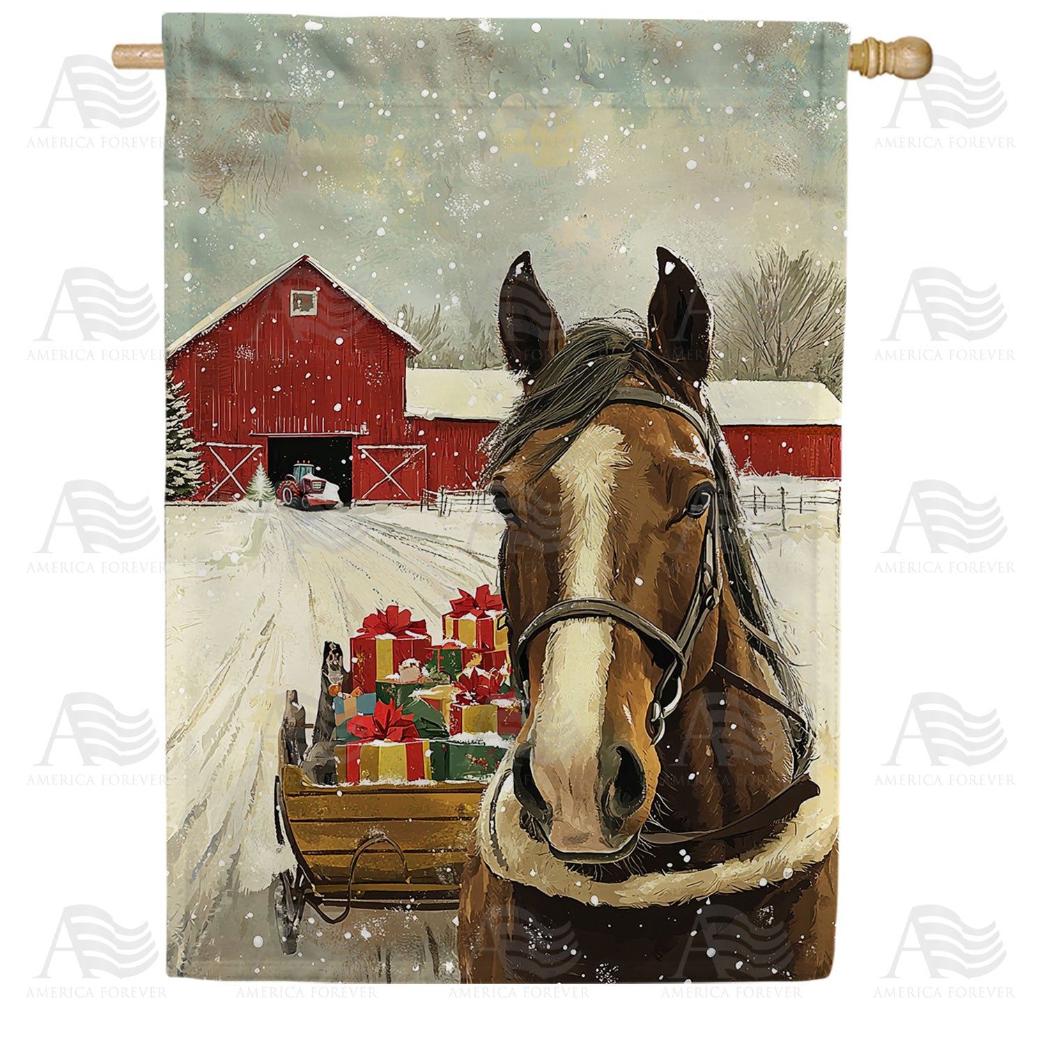 America Forever Christmas Horse and Sleigh House Flag
