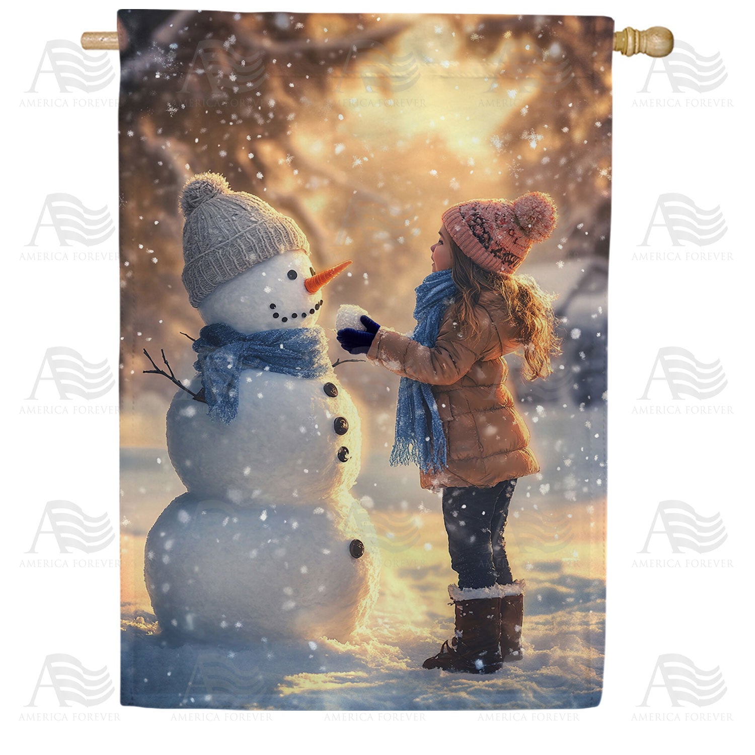 America Forever Child & Snowman Winter House Flag
