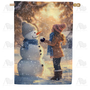 Child Building Snowman Winter Scene House Flag